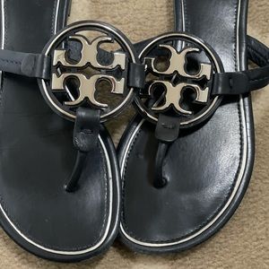 Tory Burch iconic Miller Sandals navy and silver GUC